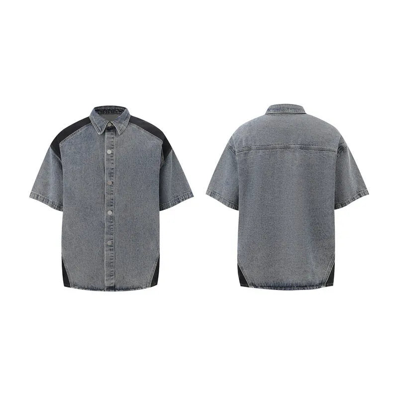 Men's washed denim jeans suit two-piece set with short sleeve jacket and matching trousers