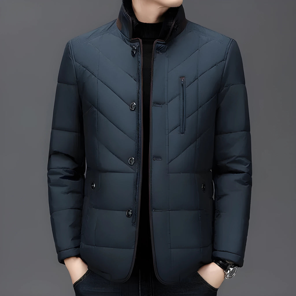Men's winter short coat in dark blue with cotton padding and side seam pockets