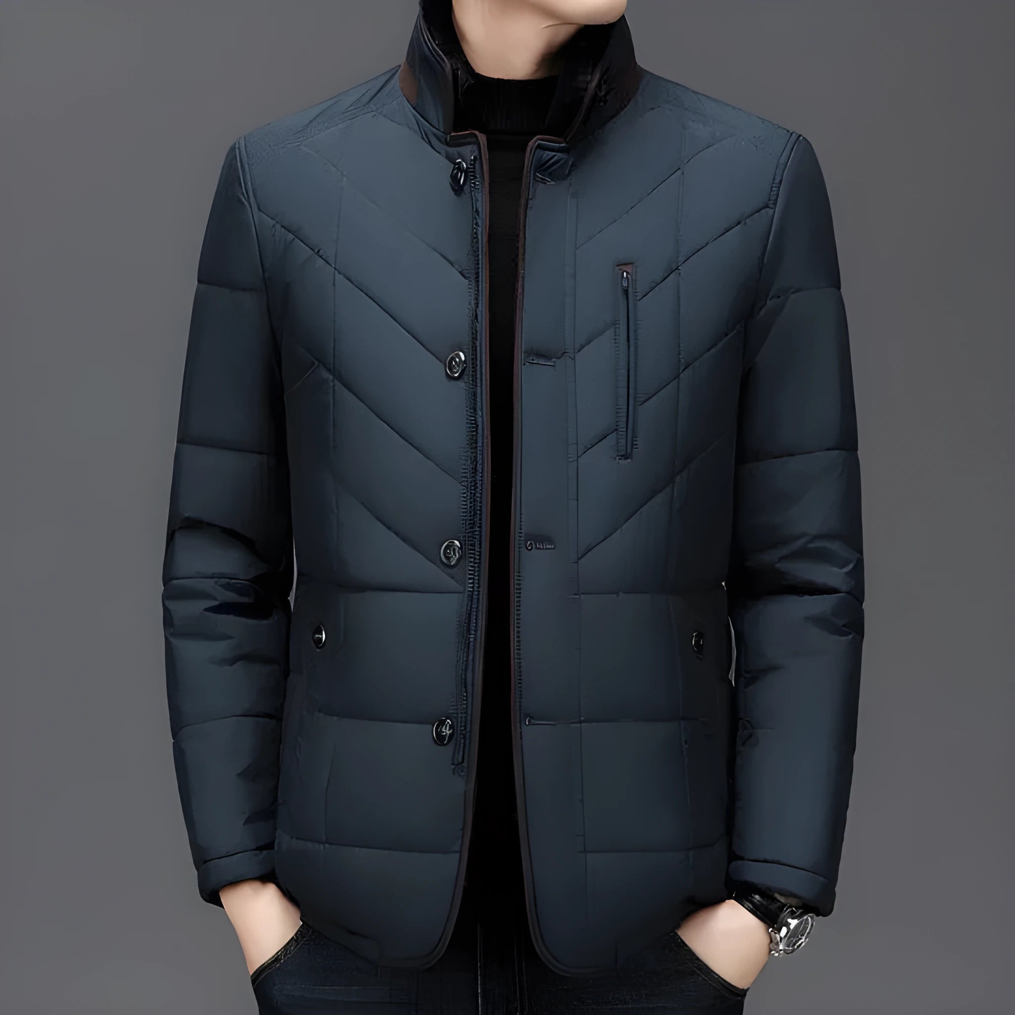 Men's winter short coat in dark blue with cotton padding and side seam pockets