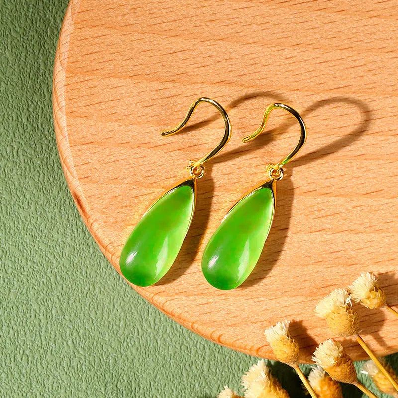 Retro Chinese-style geometric water droplet earrings in CP798 jade green colour on copper material