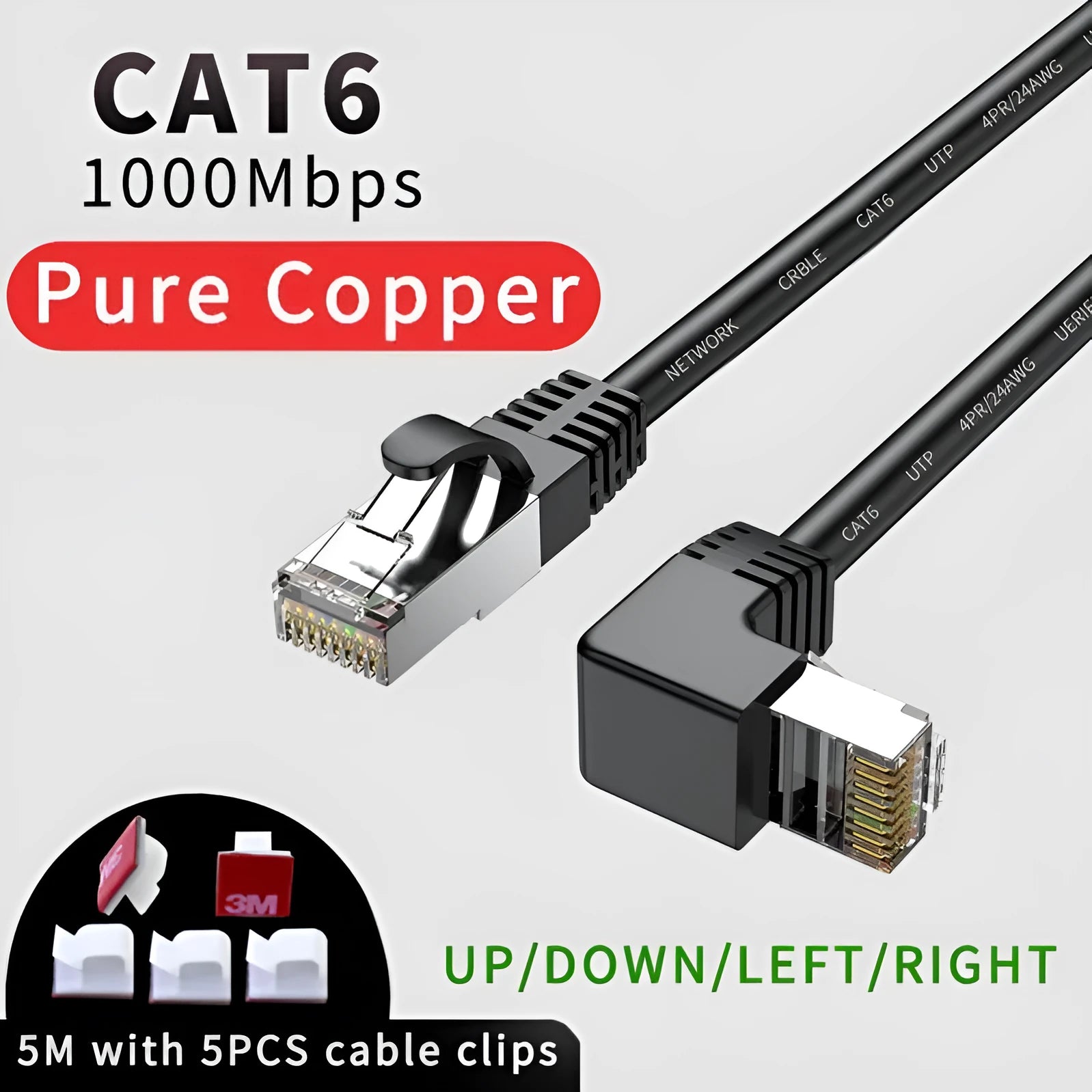 Cat6 Ethernet cable with right-angled RJ45 connector in various colours and lengths