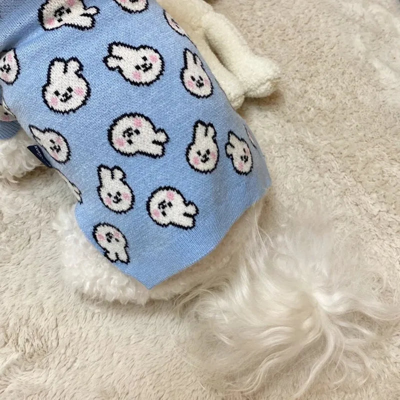 Small dog wearing a blue knitted sweater with charming pattern, warm soft polyacrylic material