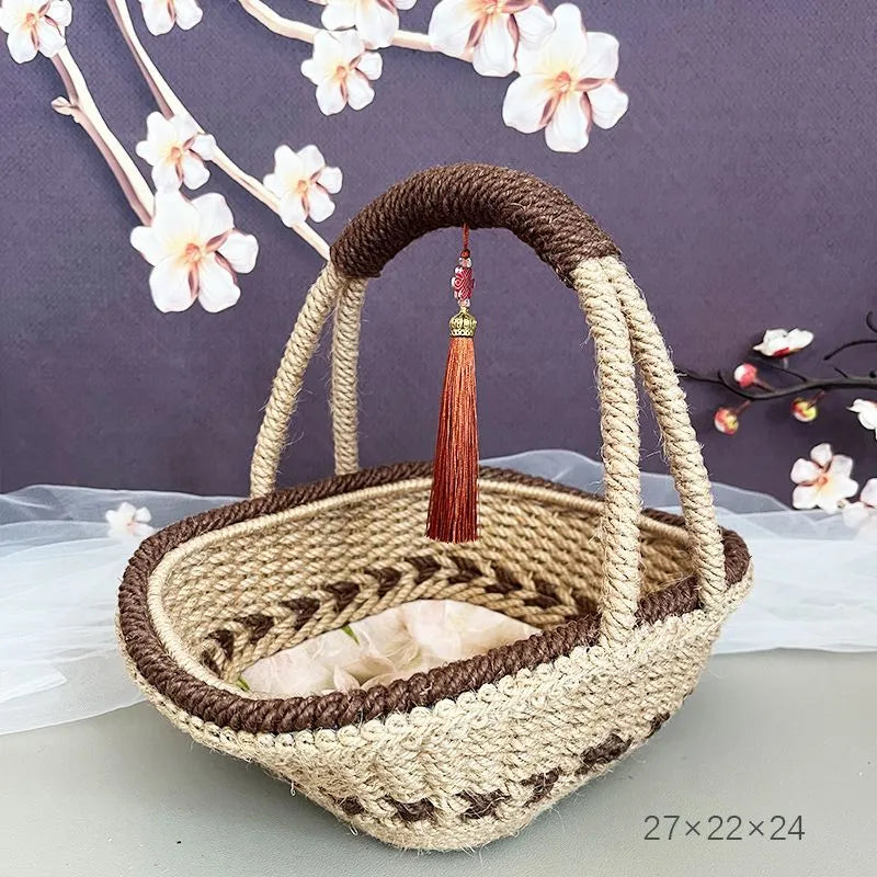 Coffee brown hand-woven straw basket with hemp rope, 19cm by 12cm, rustic retro style.