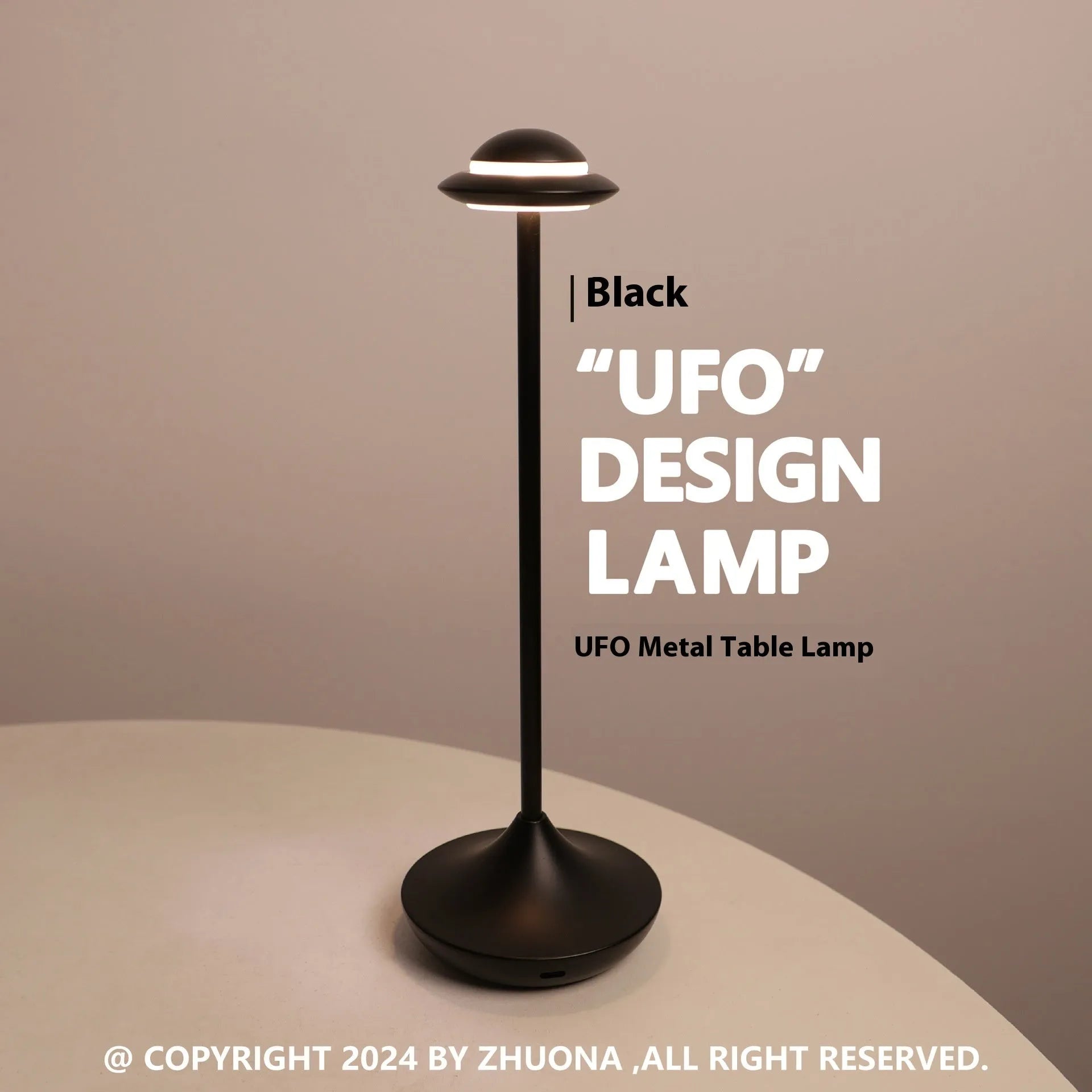 Rechargeable UFO desk lamp with metallic construction in gold, grey or black with touch dimming controls