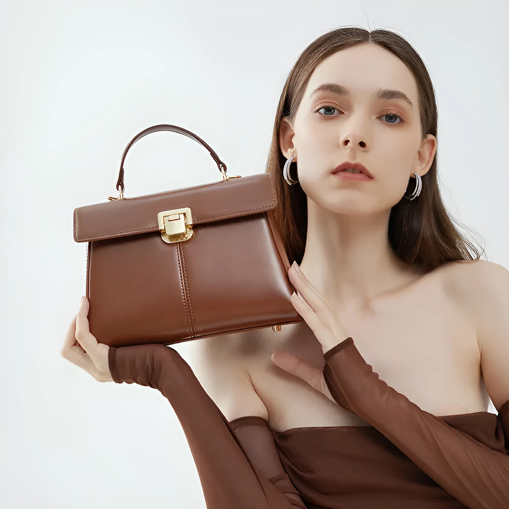Women's genuine leather shoulder bag in horizontal square design with cover opening