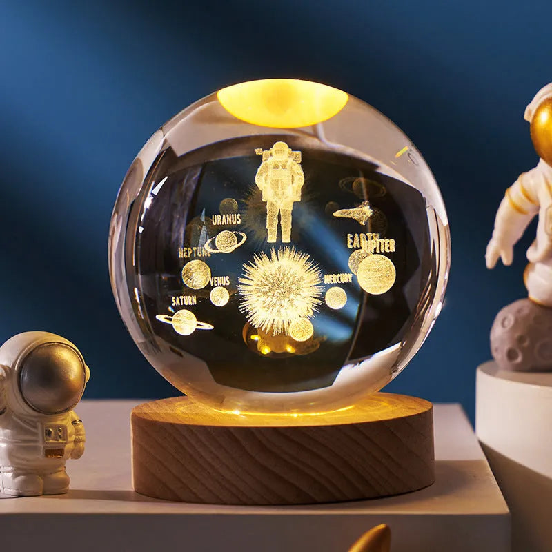 3D crystal ball night lamp with starry sky planets and moon projection on wooden base