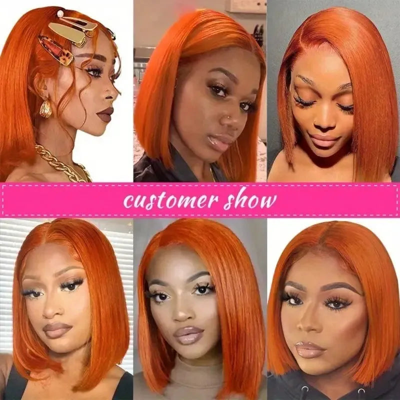Straight ginger orange bob wig human hair 13x4 lace front natural style for ladies