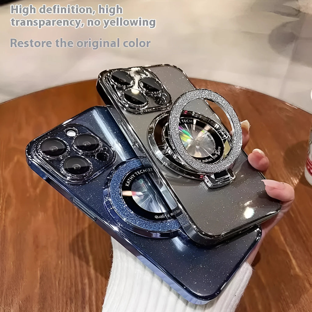 Starry Sky glitter magnetic bracket phone case with lens protector for iPhone, silver gray color