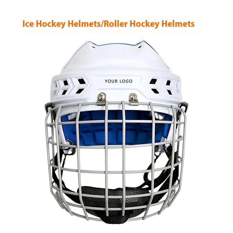 Ice hockey helmet with integrated carbon steel face mask showing PP shell and EVA lining, displayed in size L.