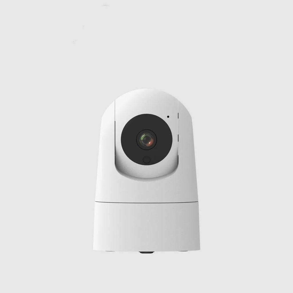 White indoor pan/tilt security camera with lens and microphone on a compact ABS/PC housing.