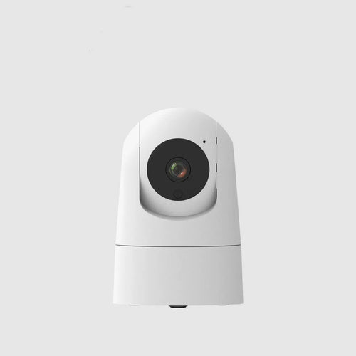 White indoor pan/tilt security camera with lens and microphone on a compact ABS/PC housing.