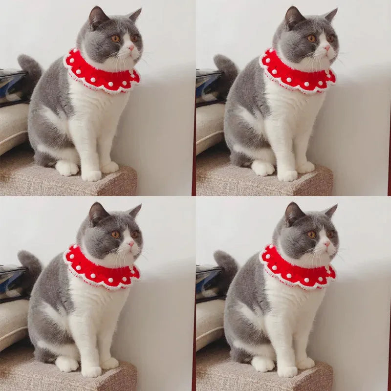 A cartoon-patterned wool knitted pet collar for small dogs, cats, or rabbits in milk cotton.