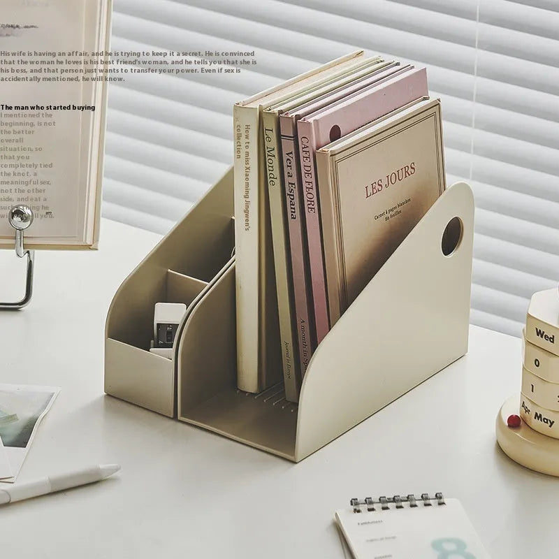 Plastic desktop storage box with two grid shelves in milk coffee colour