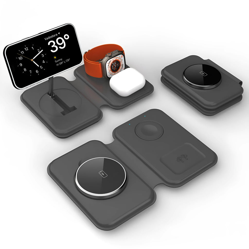 Folding magnetic three-in-one wireless charger in black with phone, watch, and earbuds on a desktop