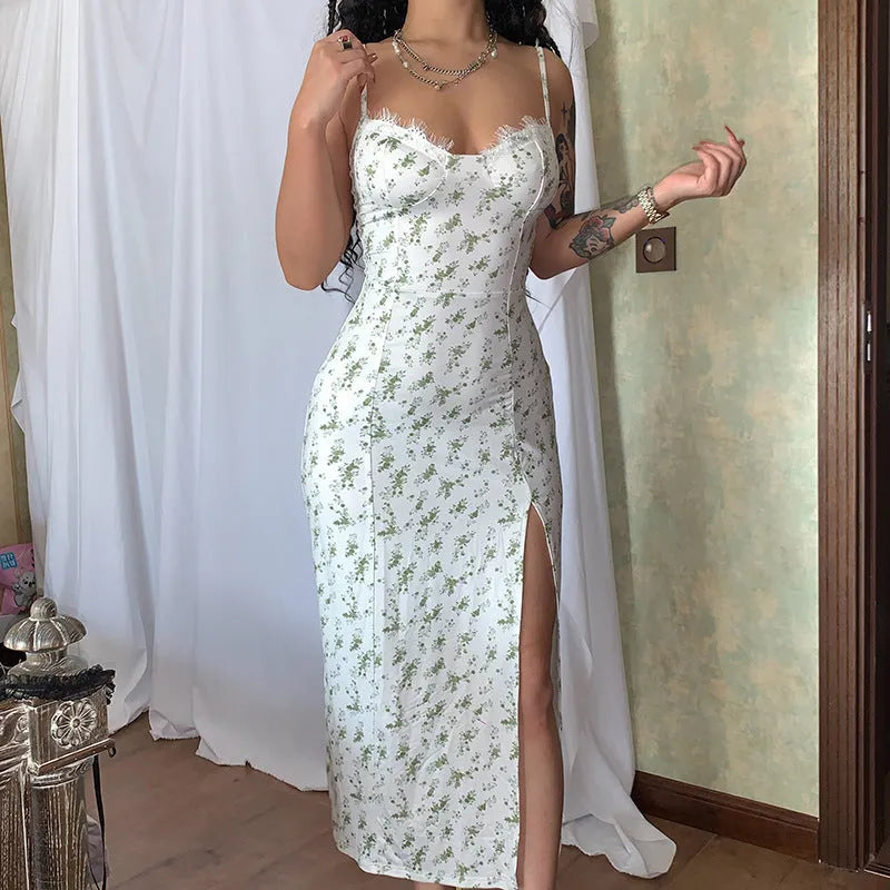 Womens blue lace flowers print long dress with side slit and black suspender straps.