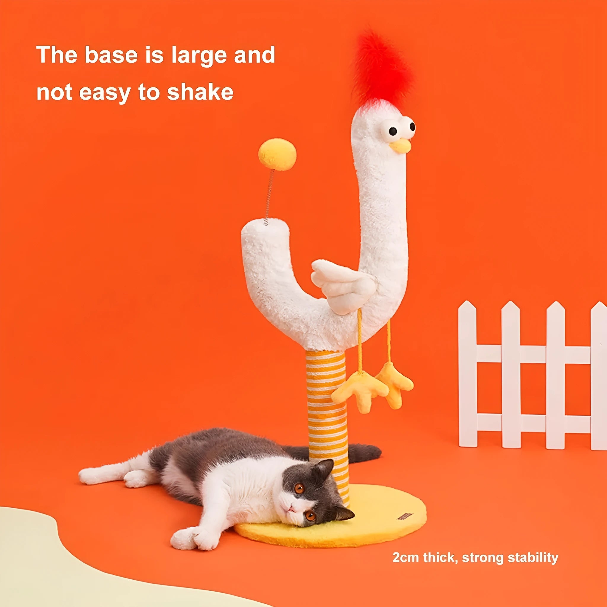 Yellow vertical cat scratching post with sisal rope and spring ball top, measuring 88cm tall.