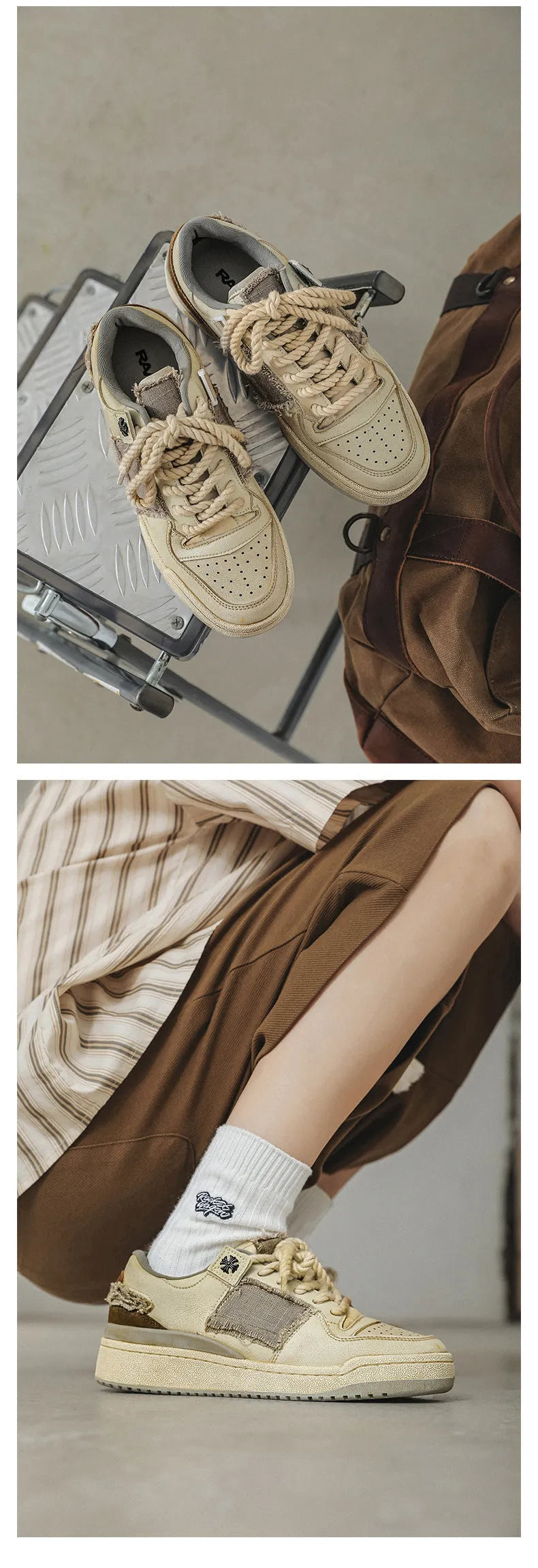 Beige vintage patch skateboard shoes with low-top design and round toe