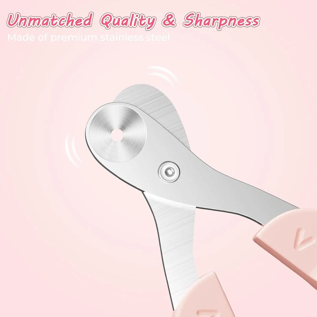 Cat nail clipper with positioning hole and stainless steel blade on pink background