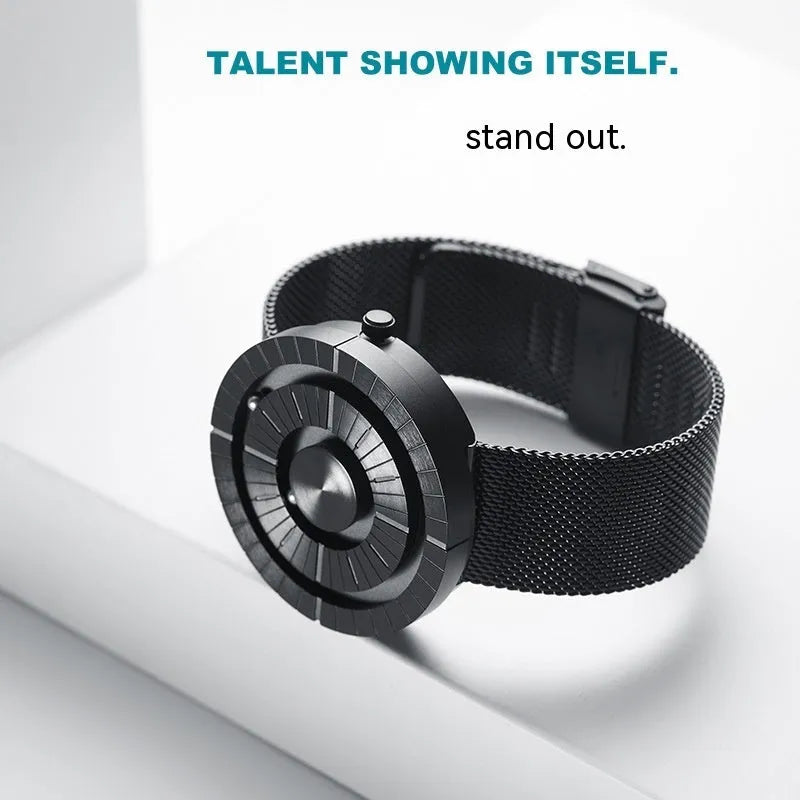 Bead men's creative sports watch with round dial and black stainless steel strap