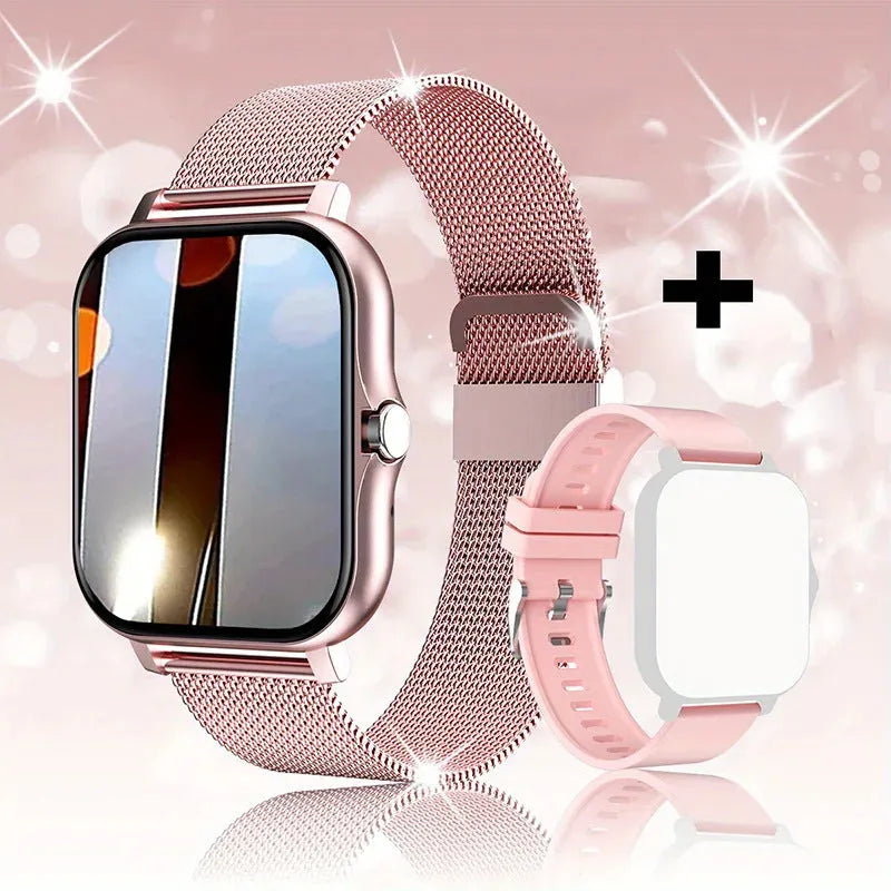Black smart watch with 1.44-inch screen and silicone strap showing fitness tracking display