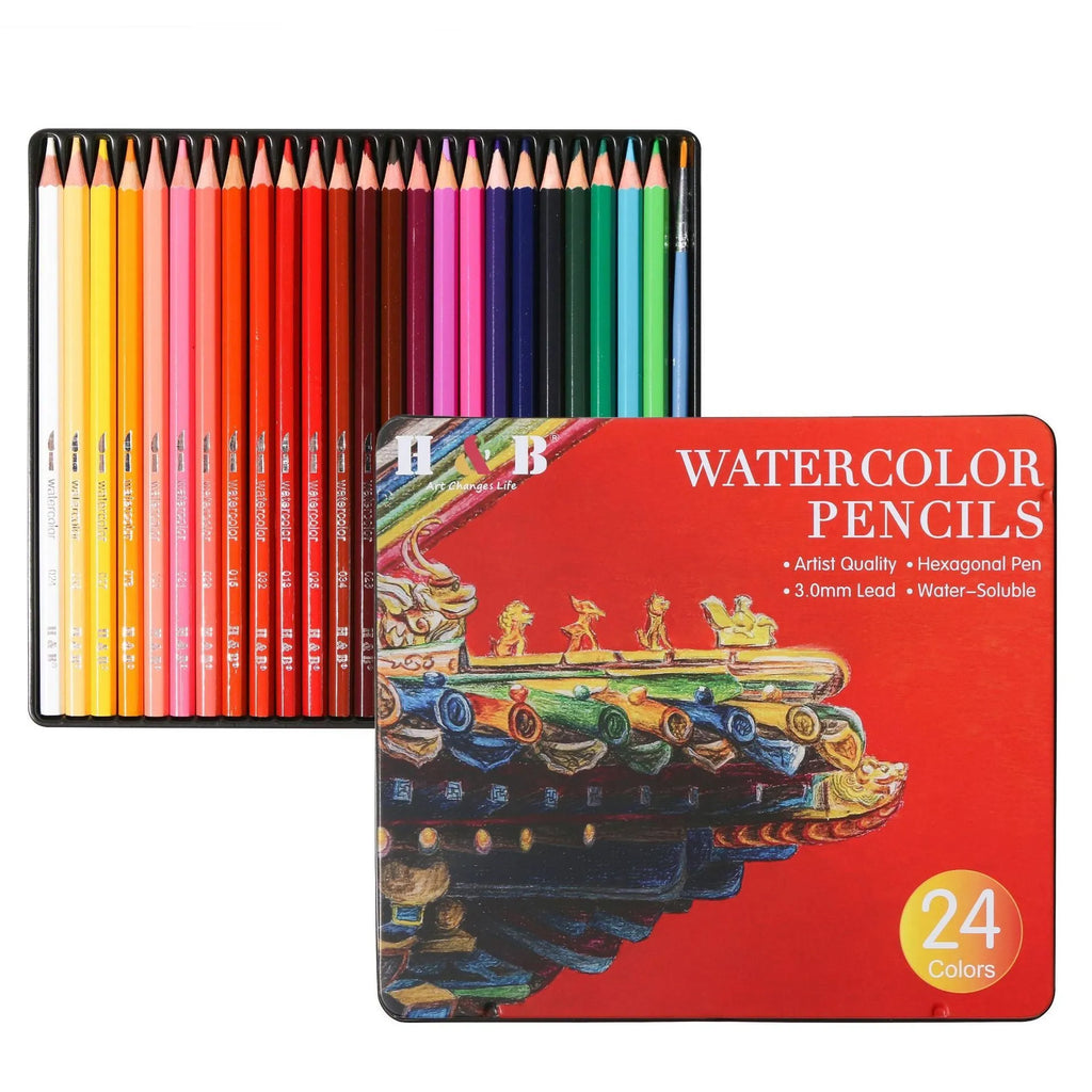 Water-soluble coloured pencil set with 24 colours and a brush in a black iron box.