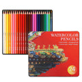 Water-soluble coloured pencil set with 24 colours and a brush in a black iron box.