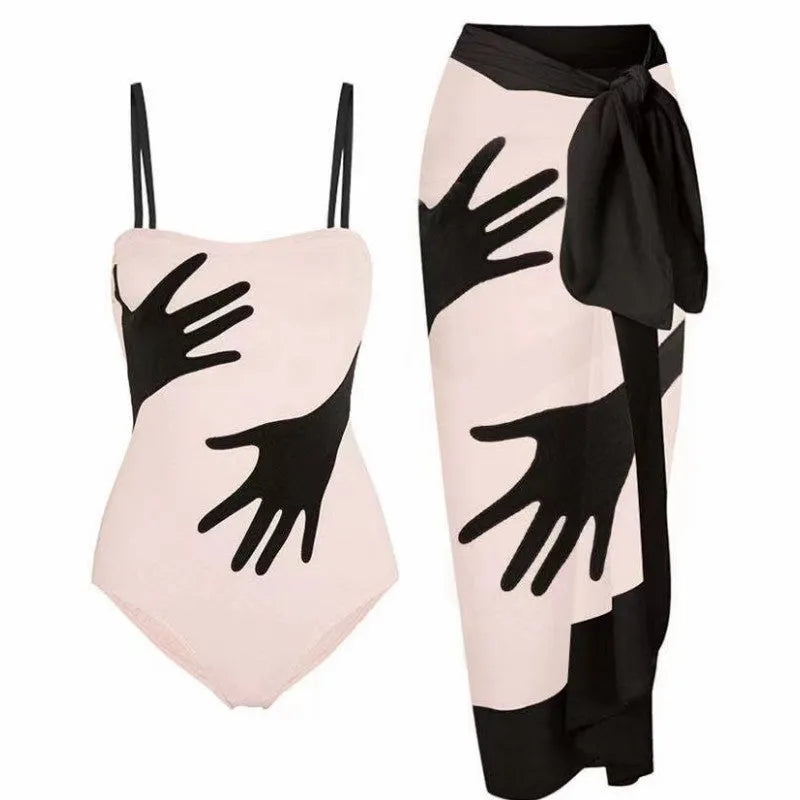 Women's one-piece bikini swimsuit with a gauze skirt in polyester fabric.