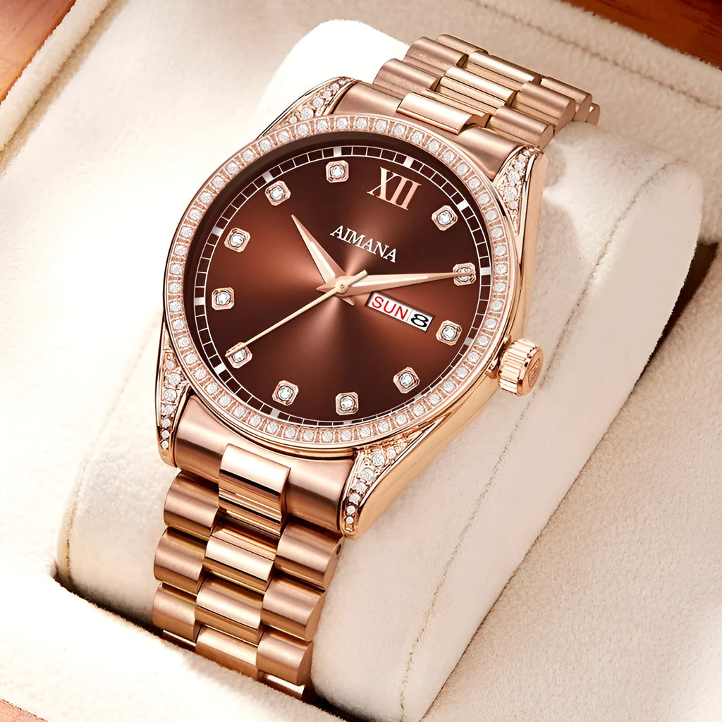Log Series silver case quartz women's watch with diamond disc dial and steel strip bracelet