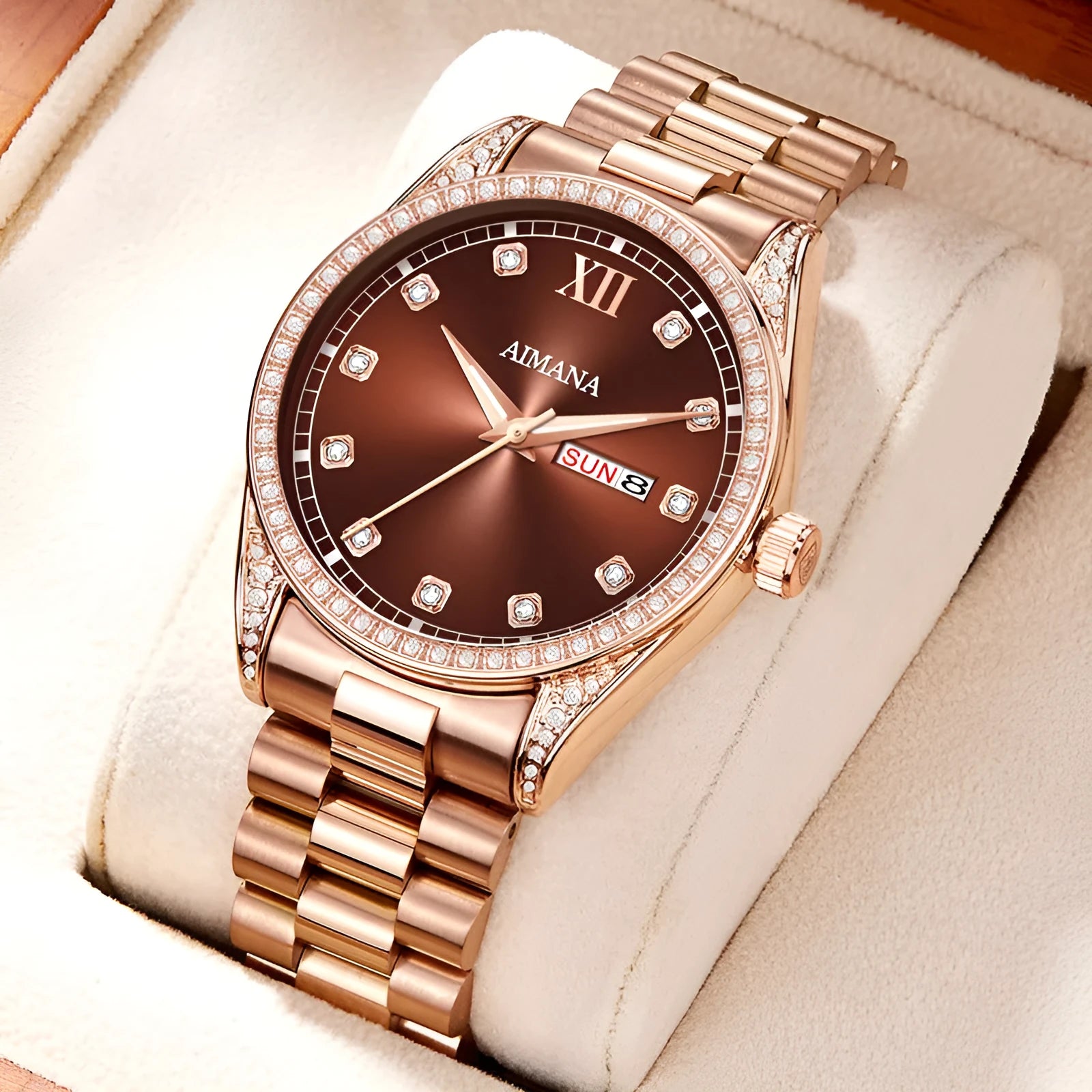 Log Series silver case quartz women's watch with diamond disc dial and steel strip bracelet
