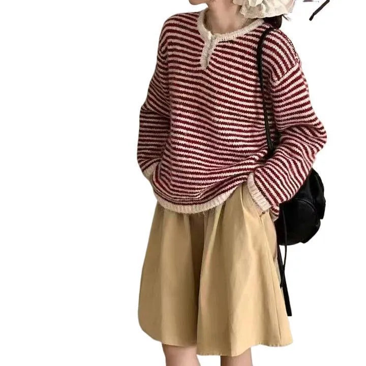 Women's red and blue striped cashmere pullover sweater with long sleeves