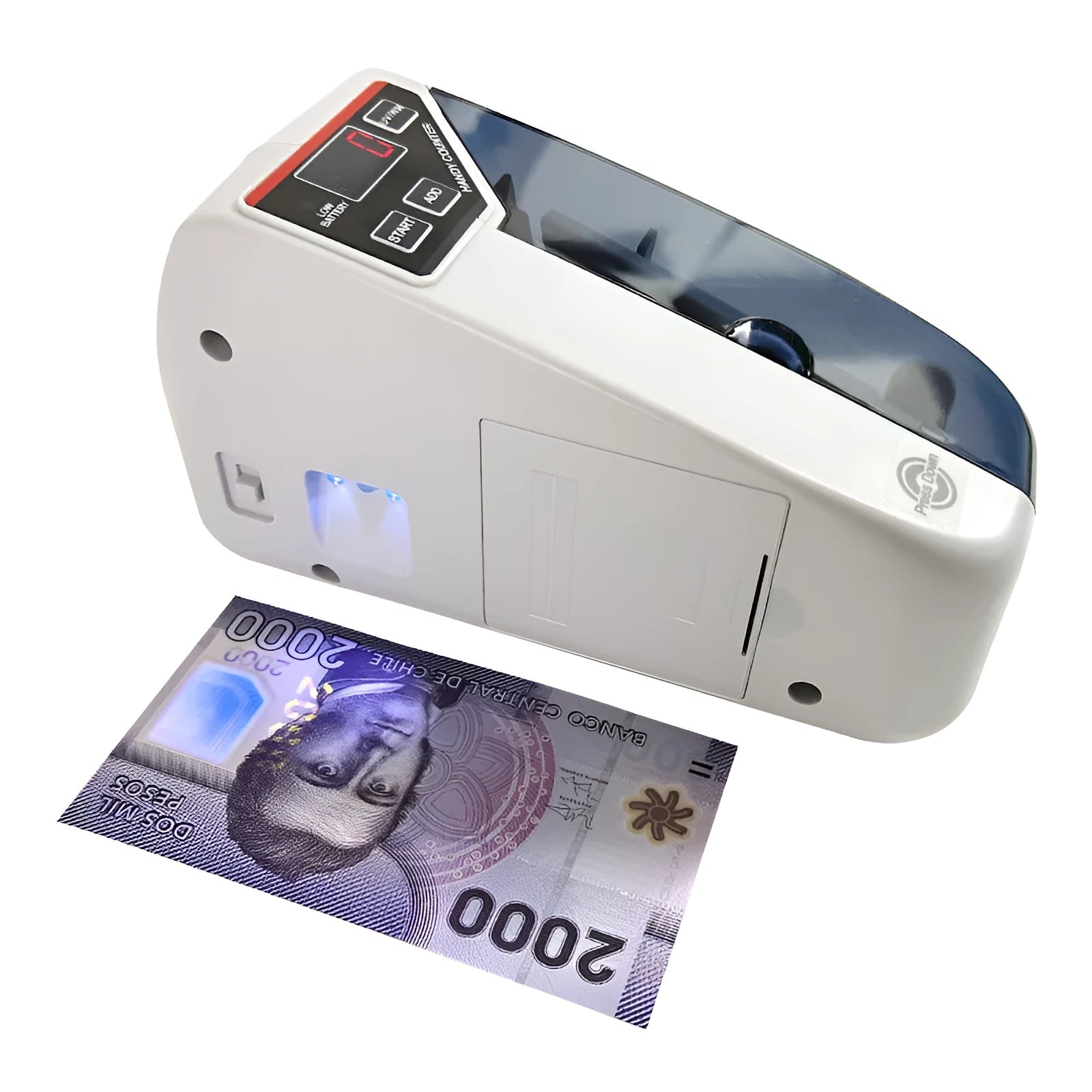 V31 foreign currency counting machine with purple light detector and LED display on a desk