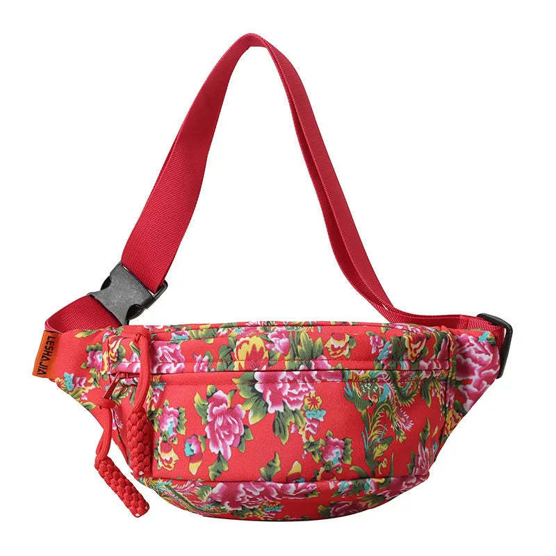 Women's floral Western style waist bag with three-dimensional pocket in black, red, green or blue colour options