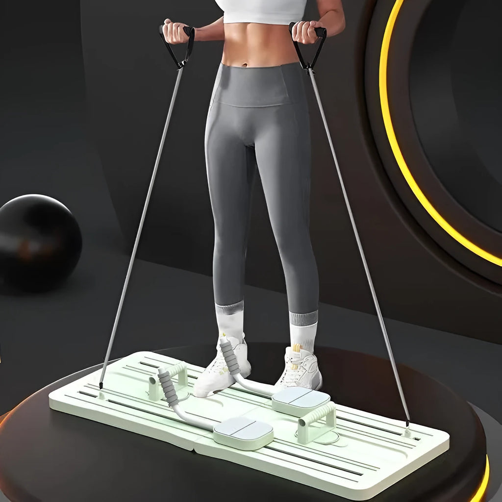 Purple, black, and pink foldable PP plastic belly panel fitness board on a white background.