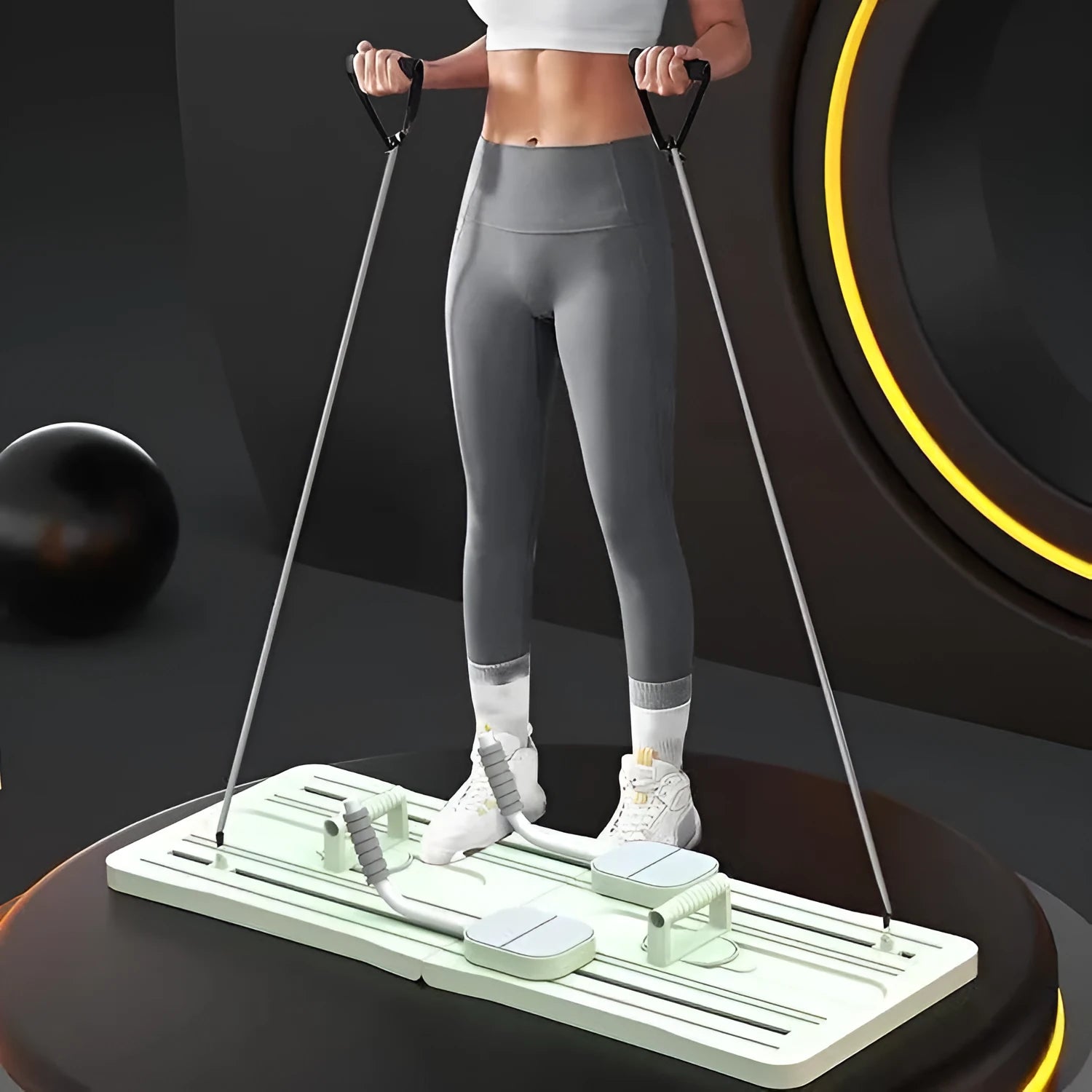 Purple, black, and pink foldable PP plastic belly panel fitness board on a white background.