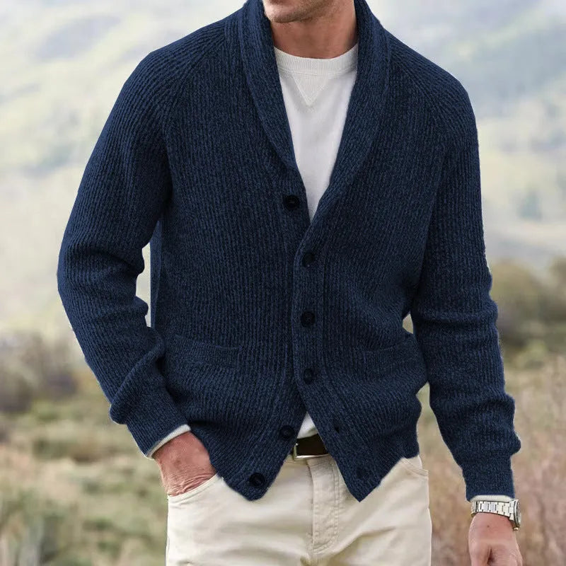 Men's cotton blend thickening lapel cardigan coat in camel, loose fit, long sleeves, front view