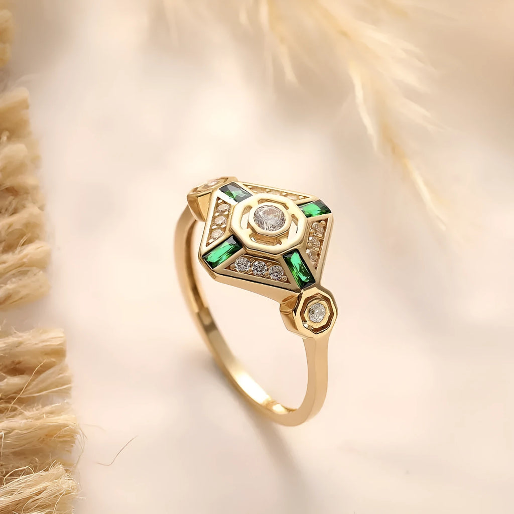 Square geometric women's ring with lvzuan coloured gem stone and electroplated metal finish