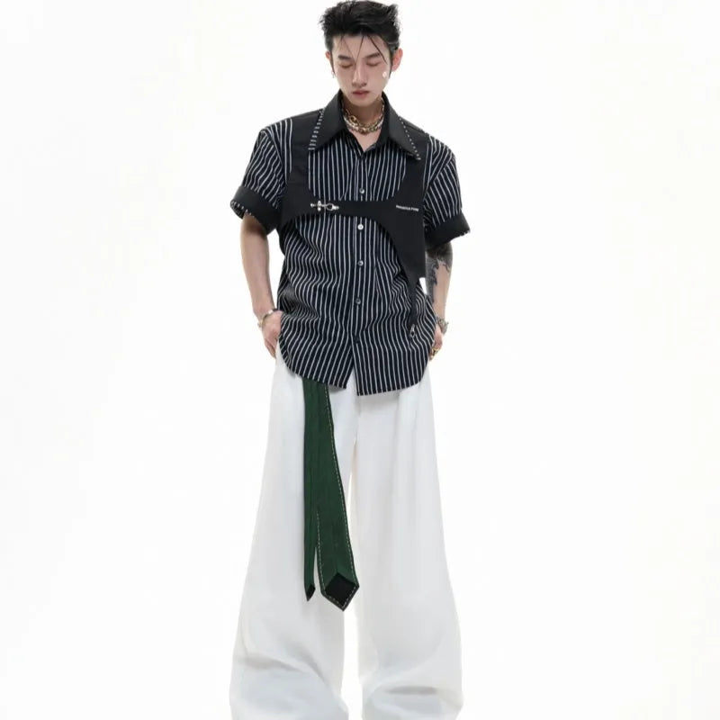 Men's black and white striped cotton shirt with double lapel collar design, short sleeves