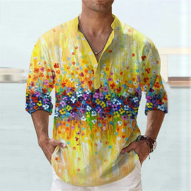 British style bamboo hemp short sleeve shirt with 3D thermal transfer stripe patterns in summer colours
