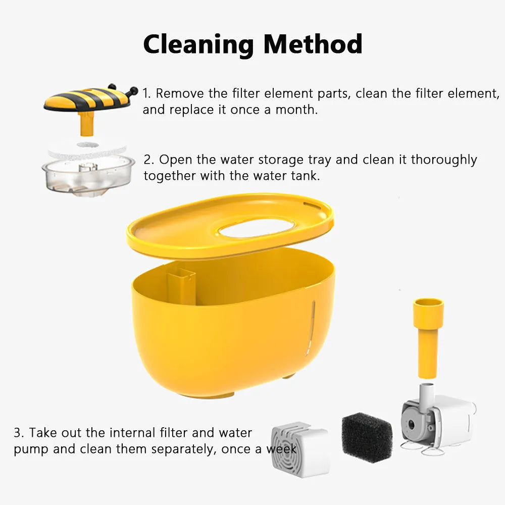 Yellow automatic cat water fountain with filtration system, water level window, and USB cable
