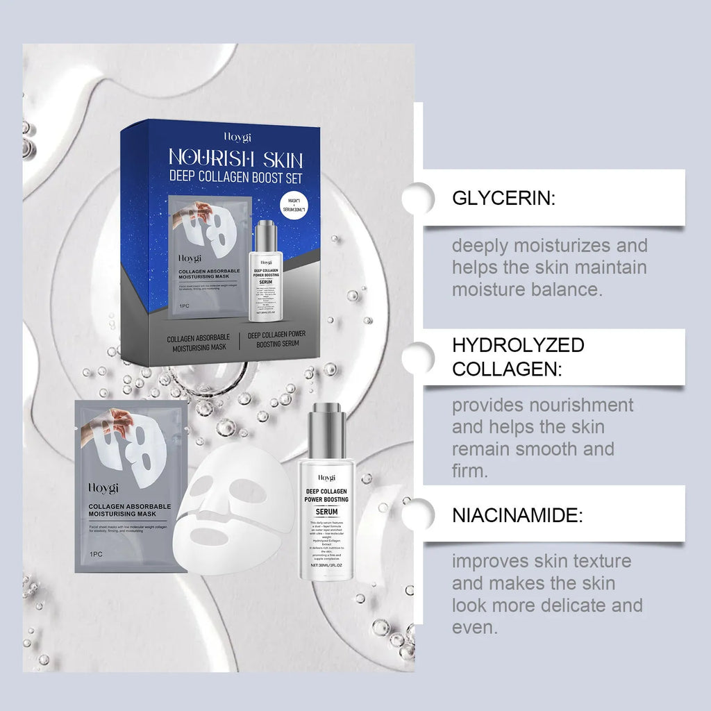Collagen moisturising suit box containing a facial mask and a 30ml bottle of essence.