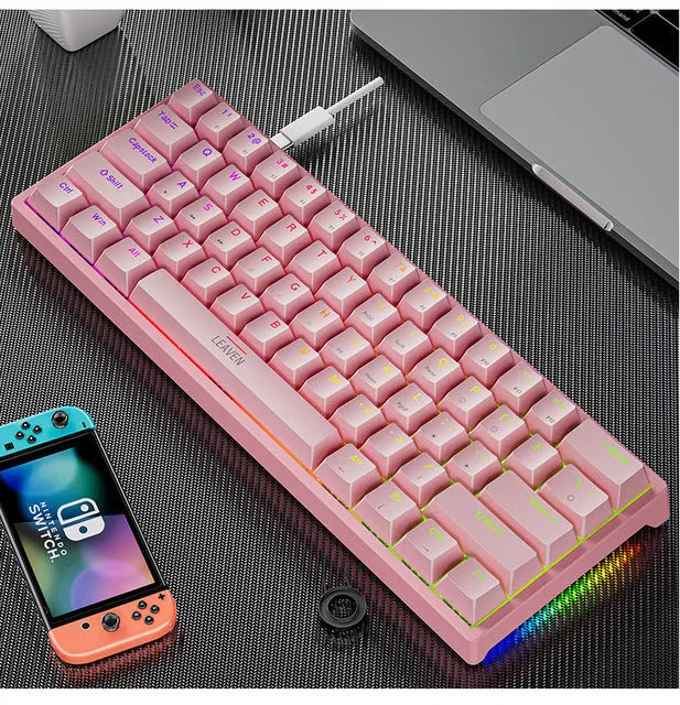 61-key blue switch mechanical keyboard with seven-color backlight, compact ABS build, Type-C wired connection