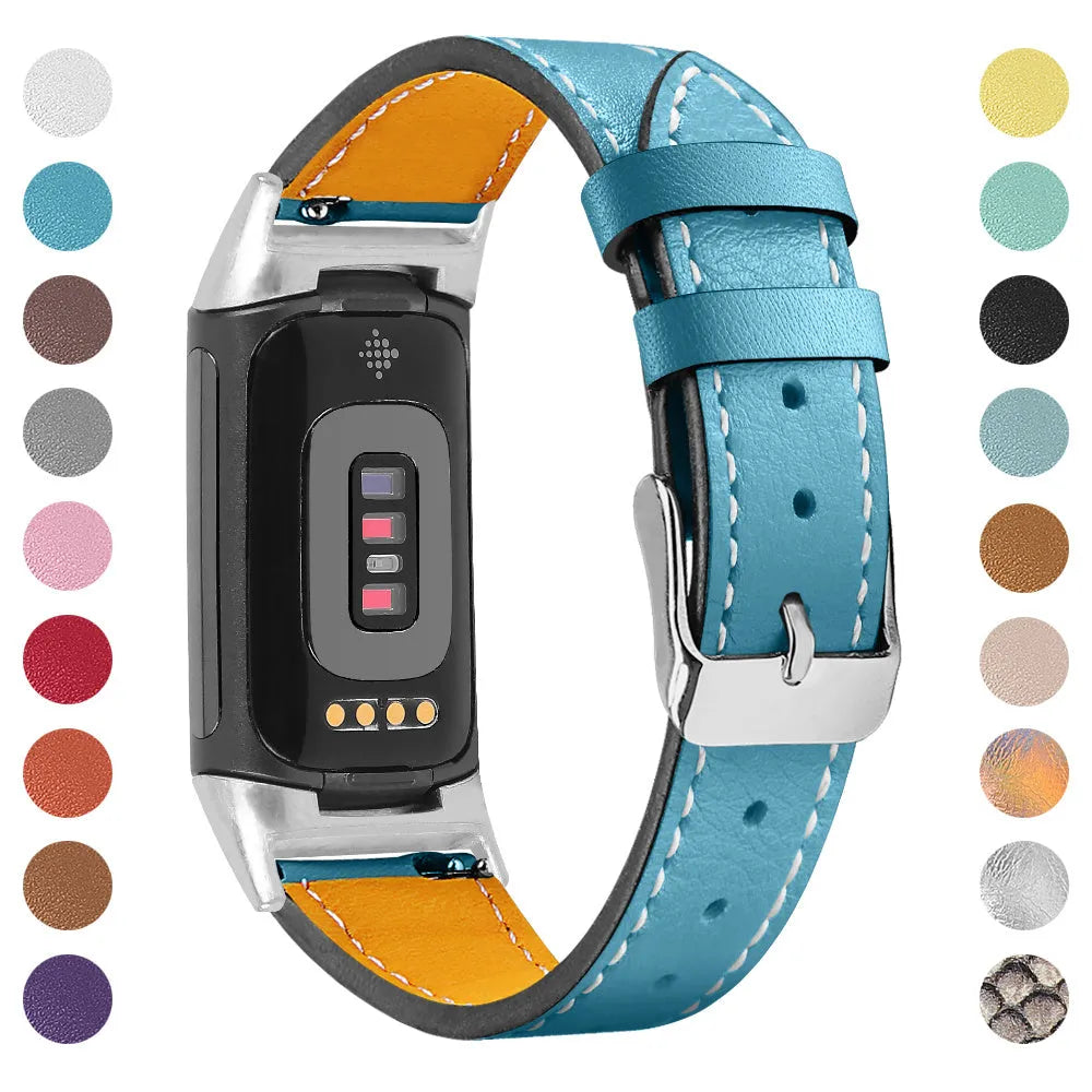 Genuine cowhide leather replacement strap for Fitbit Charge 5 and Charge 6 smart watches in multiple colours.