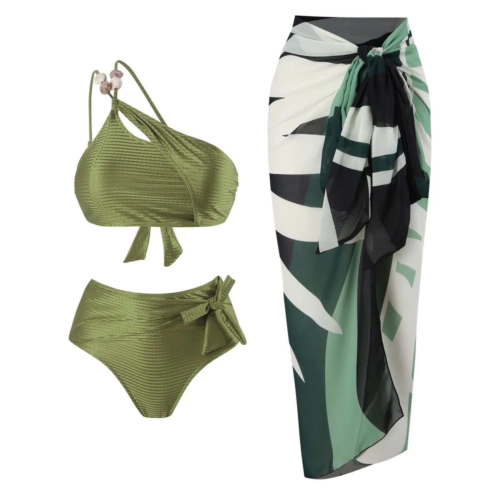 Women's high waist push up bikini swimsuit with chiffon dress in black, brown or green colour options