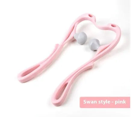 6-roller cervical neck massager in blue, ergonomic swan design, with 360° rotating massage balls and jade scraping board