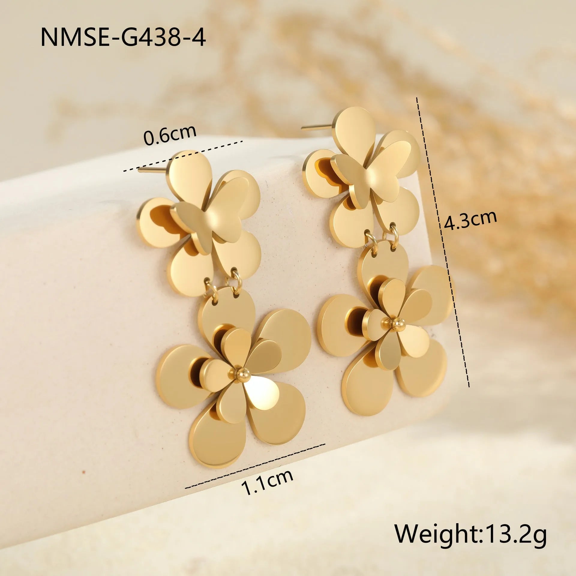 Gold flower butterfly stainless steel earrings with 18K electroplated finish for women