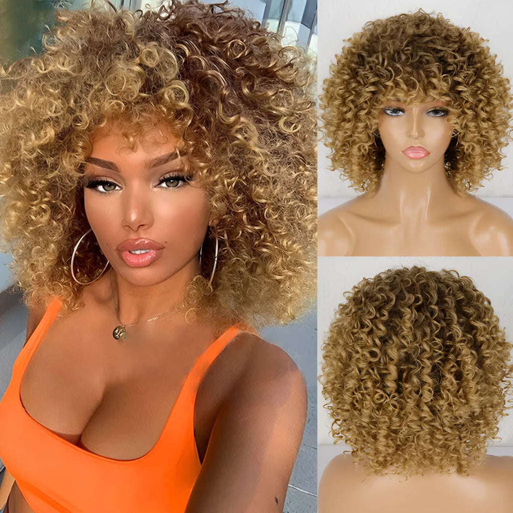 Synthetic afro curly wig for black women with short volume explosion in blonde colour with Qi Liu Hai fringe