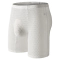 Men's solid colour lace boxer underwear with hip lifting design on a mannequin.