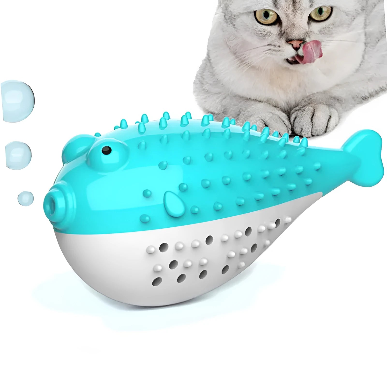 Blue silicone fish-shaped chew and grab toy for cats on a white background.