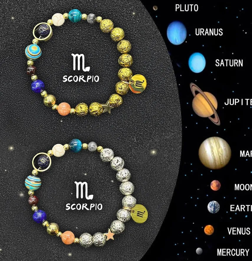Set of two natural stone beaded bracelets for zodiac signs on a plain background