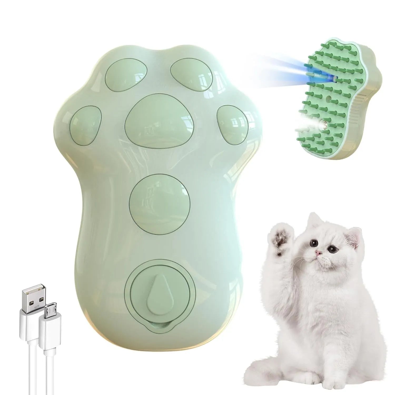 Self-cleaning cat steam brush with silicone head and release button in blue, green or pink